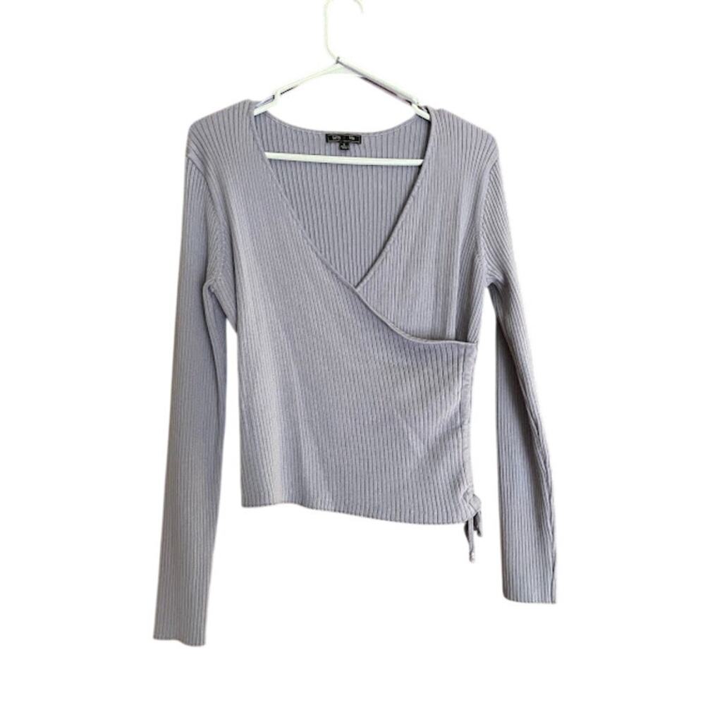 Lety & Me Lavender Ribbed Long Sleeve V-Neck Wrap Top Side Tie Size Large